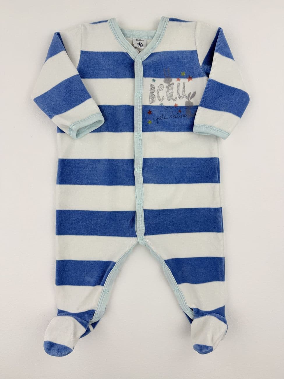 Pijama de terciopelo de rayas azules y blancas – Petit Bateau – 6 meses (67 cm)