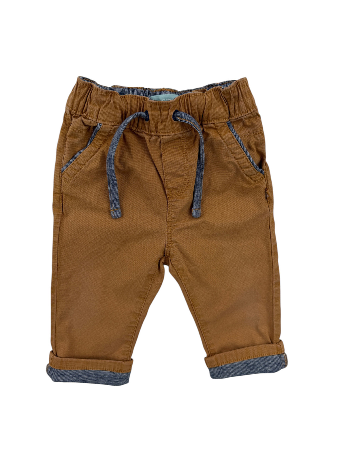 Pantalon camel à revers bleus – Obaïbi – 6 mois (68 cm)