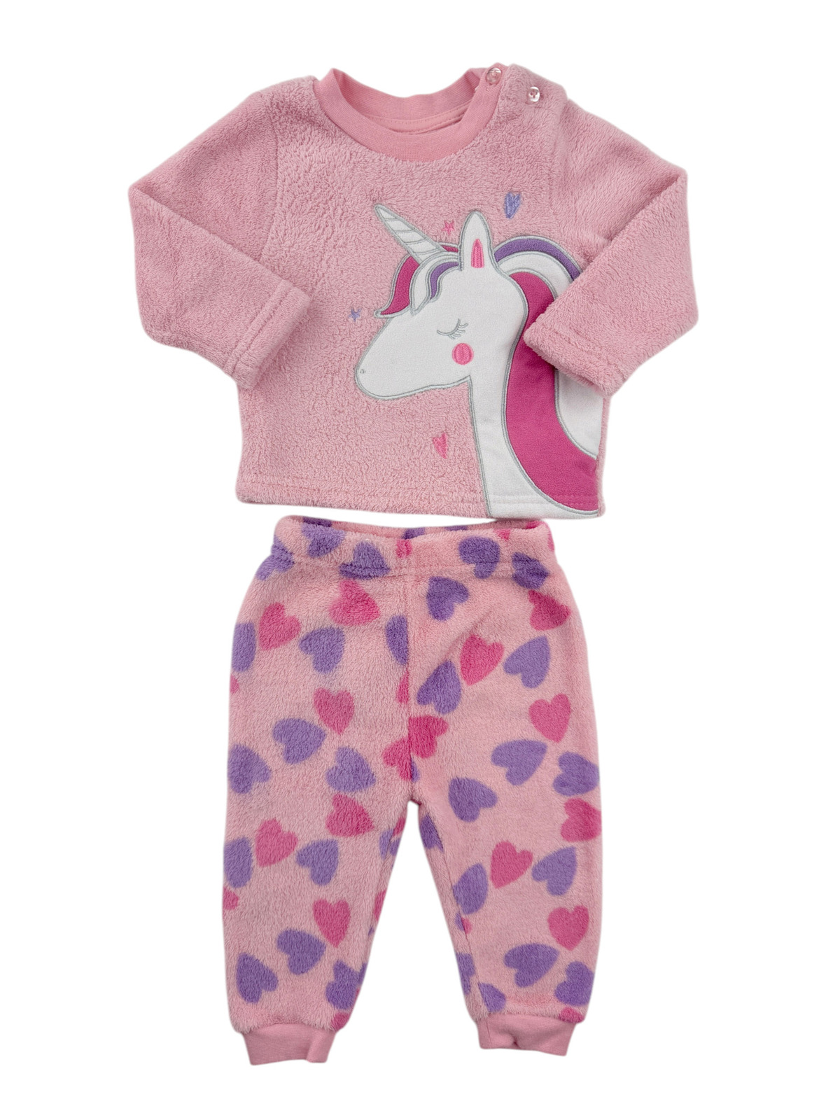 Pyjama 2 pièces en polaire rose licorne et cœurs – Primark – 6/9 mois (74 cm)
