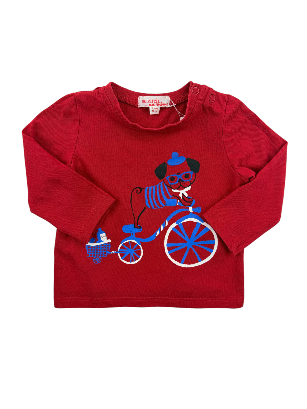 Tee-shirt rouge à manches longues motif chien à vélo – DPAM – 6 mois (68 cm)