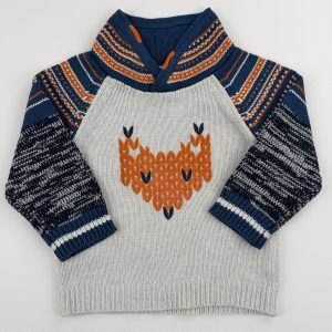 Pull écru et bleu motif renard – Grain de Blé – 12 mois (74 cm)