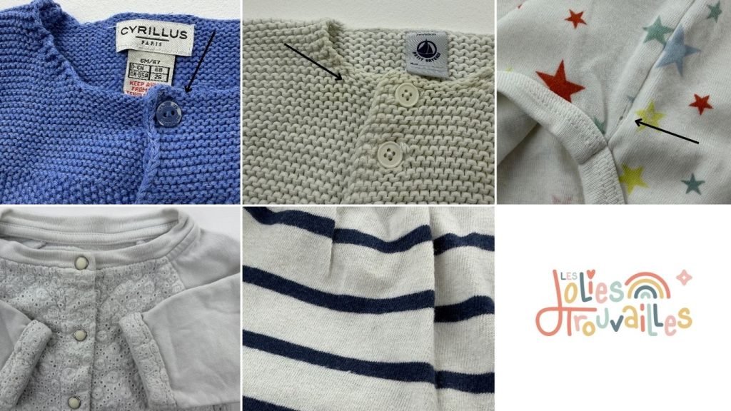 Zoom sur les défauts de vêtements bébé de seconde main visibles de près (taches, usure, petits défauts)