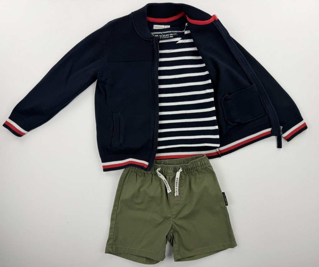 Tenue de printemps pour garçon 4 ans avec short vert, marinière et gilet