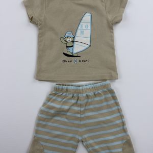Ensemble tee-shirt + short beige et bleu – 6 mois (67 cm)